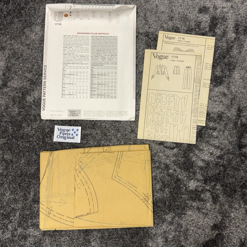 Vogue #1716 UNCUT/FF Pattern,' Jacket, Top, Pants, Sz 8-12, Montana W/label!! - Picture 3 of 3